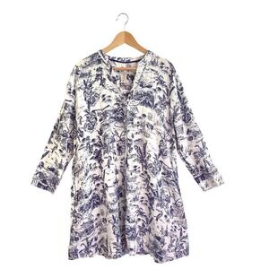 Joie 100% Linen Coastal Tropical Toile Print a-line Button Down Dress pockets XL